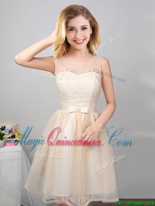 Super Scoop Sleeveless Tulle Mini Length Lace Up Quinceanera Court of Honor Dress in Champagne for with Lace and Appliques and Belt