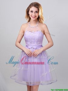 Halter Top Tulle Sleeveless Mini Length Vestidos de Damas and Lace and Appliques and Belt
