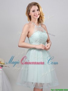 Elegant Apple Green Halter Top Lace Up Lace and Appliques and Belt Quinceanera Dama Dress Sleeveless