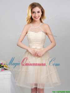 Hot Sale Halter Top Champagne Sleeveless Mini Length Lace and Appliques and Belt Lace Up Quinceanera Dama Dress