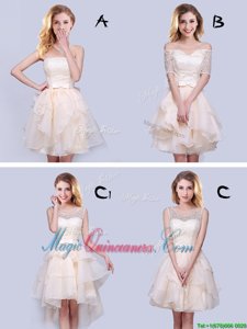 Modern Champagne A-line Organza Strapless Sleeveless Lace and Ruffles and Belt Mini Length Lace Up Court Dresses for Sweet 16