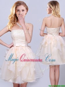 Cheap Mini Length Champagne Dama Dress Strapless Sleeveless Lace Up
