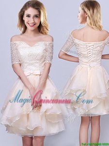 Gorgeous Off The Shoulder Short Sleeves Organza Dama Dress Lace and Ruffles and Belt Lace Up