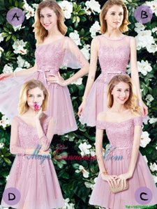 Dynamic Pink Lace Up Appliques and Belt Quinceanera Court of Honor Dress Sleeveless