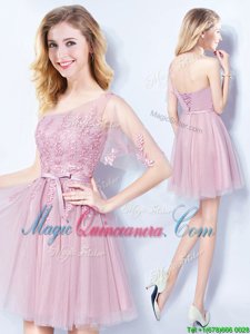 Admirable One Shoulder Sleeveless Appliques and Belt Lace Up Quinceanera Court of Honor Dress