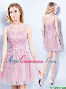 Admirable Pink Lace Up Scoop Appliques and Belt Damas Dress Tulle Sleeveless