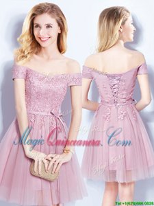 Off the Shoulder Mini Length Pink Vestidos de Damas Tulle Sleeveless Appliques and Belt