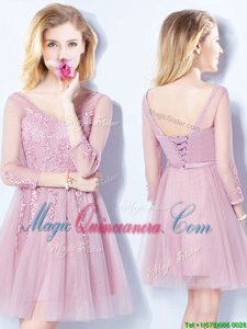 Sleeveless Mini Length Appliques and Belt Lace Up Quinceanera Court of Honor Dress with Pink