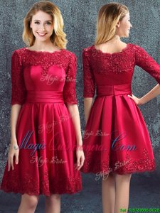 Fabulous Satin Bateau Half Sleeves Zipper Lace Dama Dress for Quinceanera in Wine Red