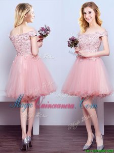 Off the Shoulder Pink Sleeveless Mini Length Beading and Lace Lace Up Dama Dress for Quinceanera