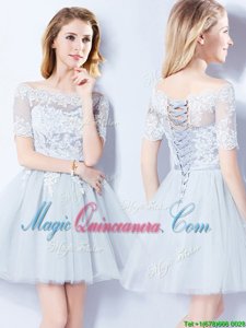 Off the Shoulder Short Sleeves Mini Length Lace Up Quinceanera Dama Dress Light Blue and In for Prom and Party and Wedding Party with Lace