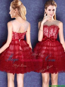 Super Wine Red Scoop Neckline Lace and Bowknot Damas Dress Sleeveless Lace Up