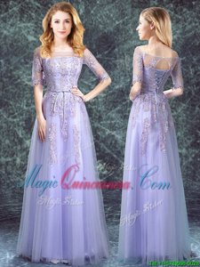 Square Half Sleeves Floor Length Lace Up Dama Dress Lavender and In for Prom and Party and Wedding Party with Appliques
