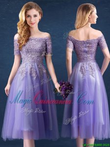 Off the Shoulder Lavender Empire Beading and Lace Damas Dress Zipper Tulle Short Sleeves Tea Length