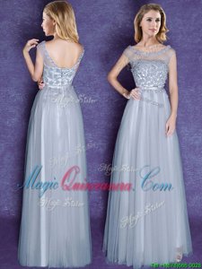 Vintage Scoop Cap Sleeves Tulle Floor Length Lace Up Dama Dress for Quinceanera in Grey for with Appliques and Bowknot