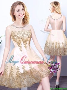Custom Design Scoop Champagne Sleeveless Tulle Zipper Damas Dress for Prom and Party and Wedding Party