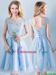 Chic Scoop Light Blue Tulle Lace Up Vestidos de Damas Short Sleeves Knee Length Appliques and Bowknot