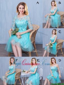 Aqua Blue Lace Up Scoop Lace and Appliques and Bowknot Quinceanera Dama Dress Tulle Sleeveless