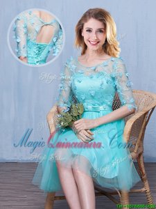 Gorgeous Scoop Half Sleeves Lace Up Knee Length Lace and Appliques and Bowknot Vestidos de Damas