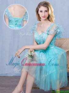 Aqua Blue Quinceanera Dama Dress Prom and Party and For with Lace and Appliques and Bowknot Sweetheart Short Sleeves Lace Up