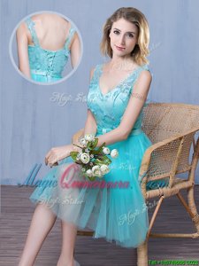 Glittering Aqua Blue Damas Dress Prom and Party and For with Lace and Appliques and Bowknot V-neck Sleeveless Lace Up