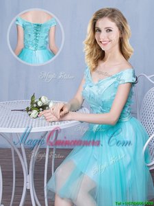 Off the Shoulder Knee Length Aqua Blue Vestidos de Damas Tulle Cap Sleeves Lace and Appliques and Bowknot