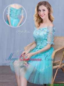 Off the Shoulder Aqua Blue Tulle Lace Up Quinceanera Court of Honor Dress Short Sleeves Knee Length Lace and Appliques and Bowknot