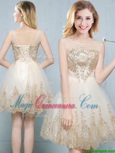 New Arrival Scoop Champagne Tulle Lace Up Quinceanera Court of Honor Dress Sleeveless Mini Length Appliques