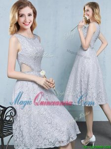 Grey Scoop Lace Up Beading Vestidos de Damas Sleeveless