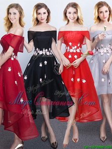 Free and Easy Off The Shoulder Sleeveless Chiffon Court Dresses for Sweet 16 Appliques Lace Up