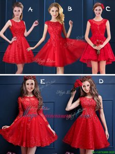 Red Tulle and Lace Lace Up Scoop Sleeveless Mini Length Damas Dress Lace and Appliques