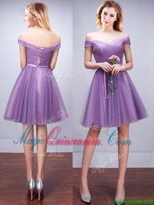 A-line Damas Dress Lavender Off The Shoulder Tulle Sleeveless Knee Length Lace Up