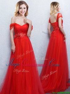 Sweet Red Damas Dress Prom and Party and Wedding Party and For with Appliques and Ruching Off The Shoulder Sleeveless Brush Train Lace Up