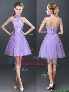 Lavender A-line Tulle Halter Top Sleeveless Lace and Appliques Mini Length Lace Up Quinceanera Court Dresses