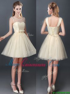 A-line Damas Dress Champagne Scoop Tulle Sleeveless Mini Length Lace Up