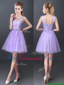 Scoop Lavender Lace Up Dama Dress Lace Sleeveless Mini Length