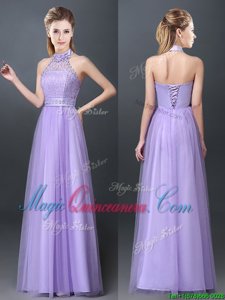Stunning Lavender Halter Top Lace Up Lace and Appliques Quinceanera Court Dresses Sleeveless
