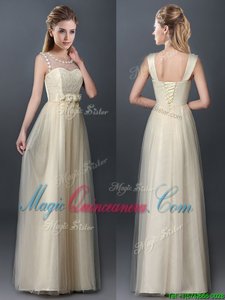 Exceptional Empire Quinceanera Court of Honor Dress Champagne Scoop Tulle Sleeveless Floor Length Lace Up