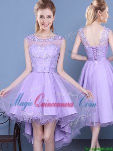 Sweet Organza Scoop Sleeveless Lace Up Lace Vestidos de Damas in Lavender