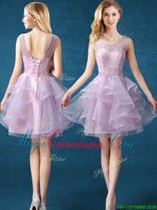 Modest Scoop Sleeveless Organza and Tulle Knee Length Lace Up Quinceanera Court of Honor Dress in Lavender for with Lace