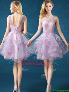 Modest Scoop Sleeveless Organza and Tulle Knee Length Lace Up Quinceanera Court of Honor Dress in Lavender for with Lace