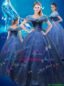 Enchanting Cinderella Off the Shoulder Sleeveless Tulle Floor Length Lace Up Quinceanera Dress in Navy Blue for with Beading and Bowknot