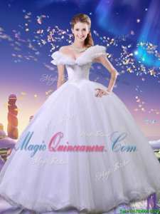Perfect Cinderella White Tulle Lace Up Off The Shoulder Sleeveless Floor Length Quince Ball Gowns Beading and Bowknot