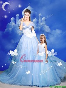 Light Blue Tulle Zipper Off The Shoulder Sleeveless With Train Quince Ball Gowns Court Train Beading and Bowknot and Hand Made Flower