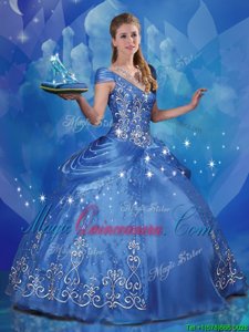 Cinderella Blue Ball Gowns Organza Off The Shoulder Cap Sleeves Beading and Embroidery Floor Length Lace Up 15th Birthday Dress