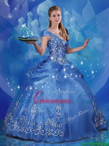 Cinderella Blue Ball Gowns Organza Off The Shoulder Cap Sleeves Beading and Embroidery Floor Length Lace Up 15th Birthday Dress