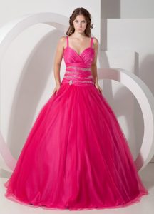 Hot Pink Beaded Sweet 15/16 Birthday Dress Spaghetti Straps