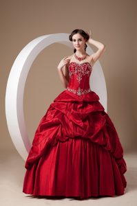 Design Taffeta Red Pick Ups Appliqued Dress for Sweet 15