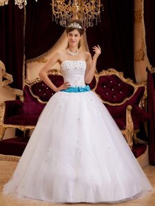 Pure Strapless Beading Quinceanera Dresses Tulle and Satin with Bow