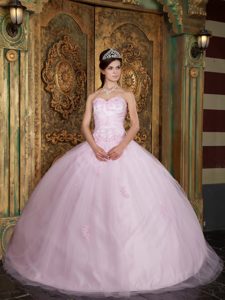 Trendy Tulle Sweetheart Quinceanera Party Dress Appliques Baby Pink